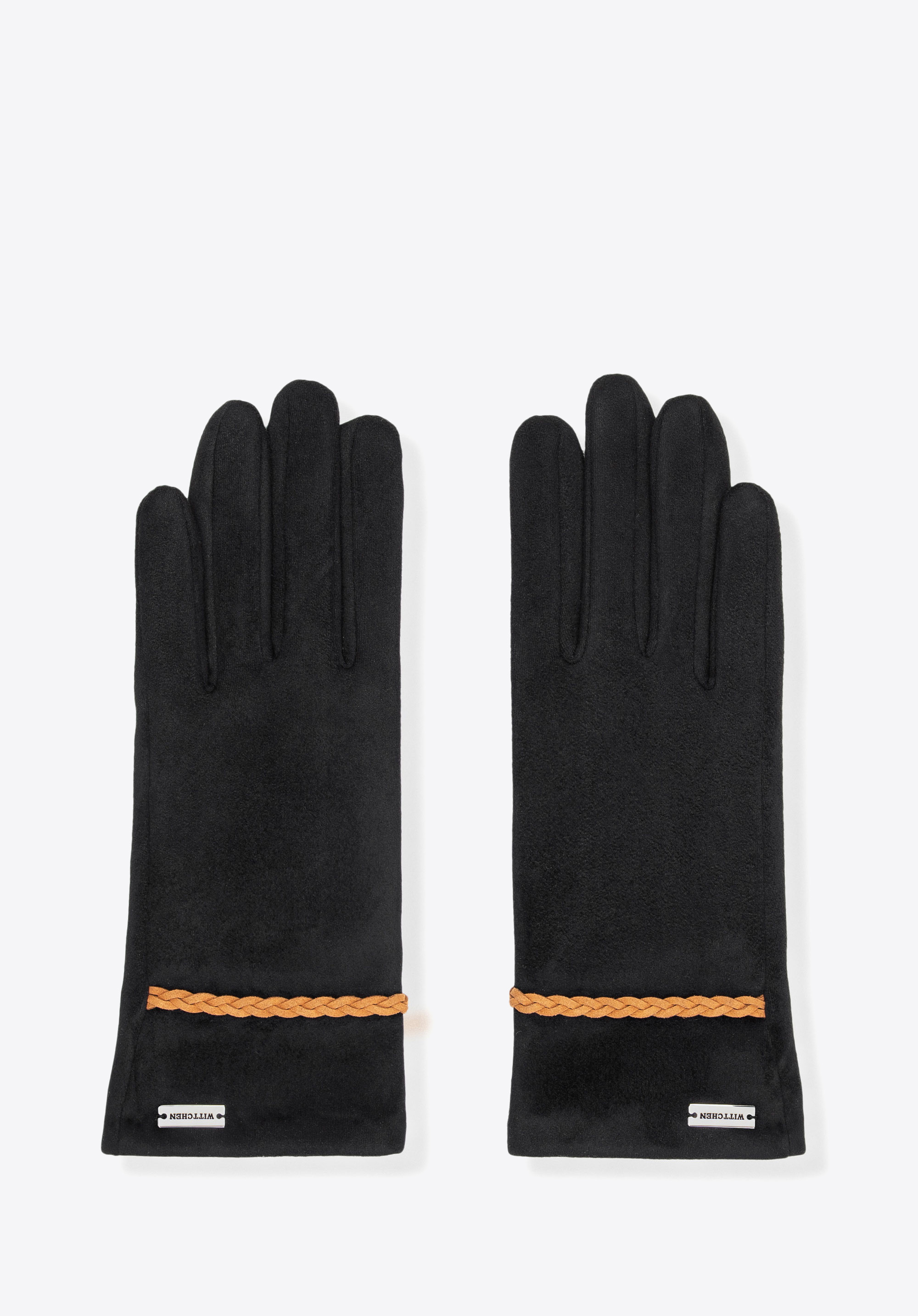 Damskie rękawiczki z ozdobnym rzemykiem, czarno-brązowy, 39-6P-056-1-M_L, Zdjęcie 1