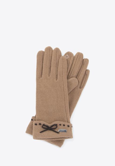 Damskie rękawiczki z przeszyciami i kokardką, brązowy, 47-6-203-1-S, Zdjęcie 1