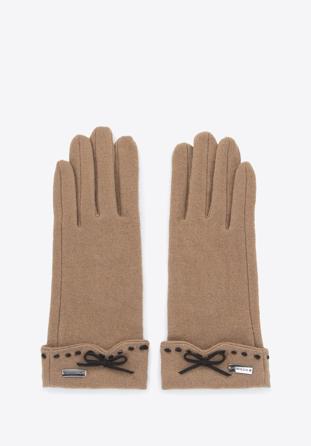 Damskie rękawiczki z przeszyciami i kokardką, brązowy, 47-6-203-1-XS, Zdjęcie 1