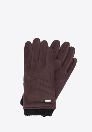 Męskie rękawiczki z przeszyciami i ściągaczem, ciemny brąz, 39-6P-020-B-M/L, Zdjęcie 1