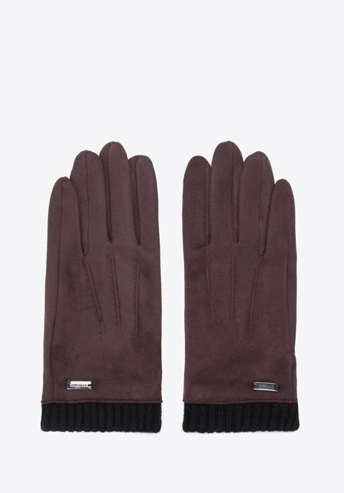 Męskie rękawiczki z ukośnym przeszyciem i ściągaczem, brązowy, 39-6P-018-S-M/L, Zdjęcie 3
