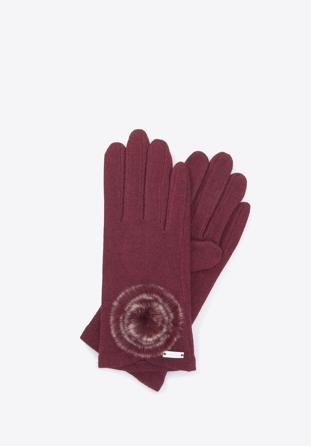 Women's gloves with pom pom detail, burgundy, 47-6-118-2-U, Photo 1