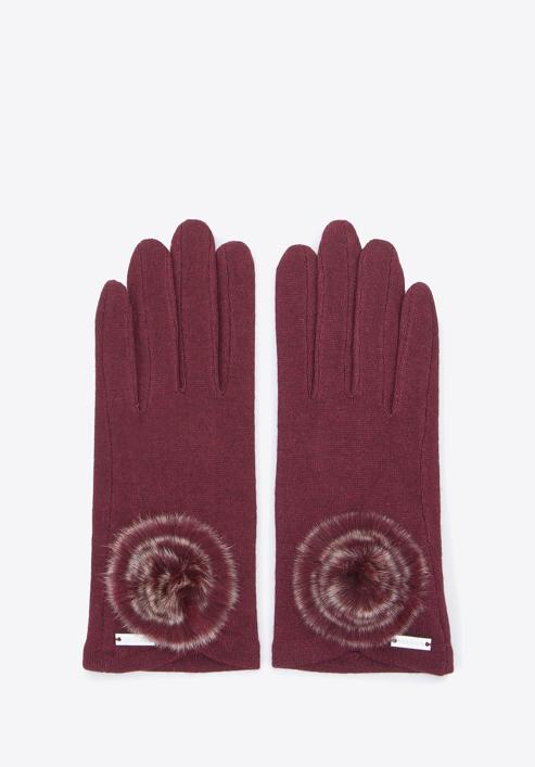 Women's gloves with pom pom detail, burgundy, 47-6-118-2-U, Photo 2