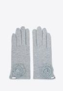 Damskie rękawiczki z włóczkowym kwiatkiem, szary, 47-6-119-P-U, Zdjęcie 2
