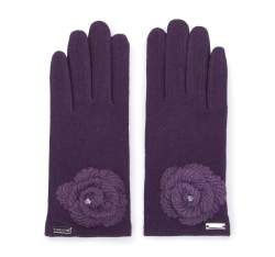 Damskie rękawiczki z włóczkowym kwiatkiem, fioletowy, 47-6-119-F-U, Zdjęcie 1