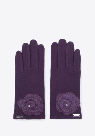 Damskie rękawiczki z włóczkowym kwiatkiem, fioletowy, 47-6-119-F-U, Zdjęcie 1