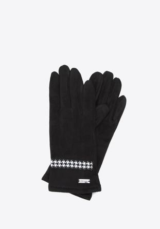 Damskie rękawiczki z wykończeniem w pepitkę, czarny, 39-6P-014-1-S/M, Zdjęcie 1