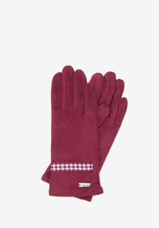 Damskie rękawiczki z wykończeniem w pepitkę, bordowy, 39-6P-014-33-M/L, Zdjęcie 1