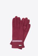 Damskie rękawiczki z wykończeniem w pepitkę, bordowy, 39-6P-014-1-M/L, Zdjęcie 1