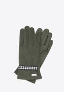 Damskie rękawiczki z wykończeniem w pepitkę, ciemny zielony, 39-6P-014-33-S/M, Zdjęcie 1