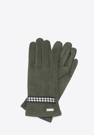 Damskie rękawiczki z wykończeniem w pepitkę, ciemny zielony, 39-6P-014-Z-S/M, Zdjęcie 1