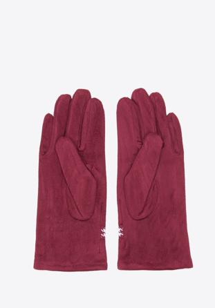 Damskie rękawiczki z wykończeniem w pepitkę, bordowy, 39-6P-014-33-S/M, Zdjęcie 1