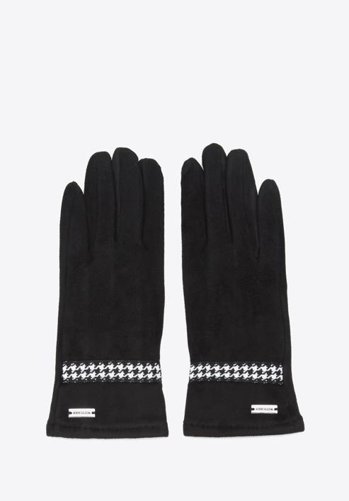 Damskie rękawiczki z wykończeniem w pepitkę, czarny, 39-6P-014-33-S/M, Zdjęcie 3