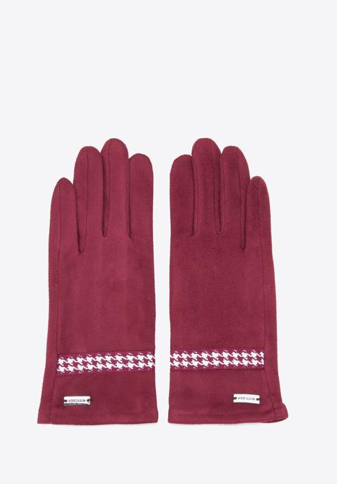 Damskie rękawiczki z wykończeniem w pepitkę, bordowy, 39-6P-014-33-M/L, Zdjęcie 3