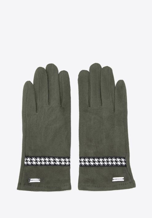 Damskie rękawiczki z wykończeniem w pepitkę, ciemny zielony, 39-6P-014-33-S/M, Zdjęcie 3