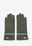 Damskie rękawiczki z wykończeniem w pepitkę, ciemny zielony, 39-6P-014-1-S/M, Zdjęcie 3