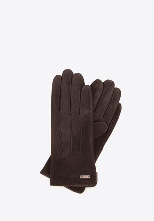 Damskie rękawiczki zamszowe z przeszyciami, ciemny brąz, 44-6-910-BB-S, Zdjęcie 1