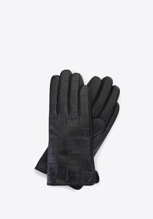 Damskie rękawiczki ze skóry croco, czarny, 39-6-650-B-L, Zdjęcie 1