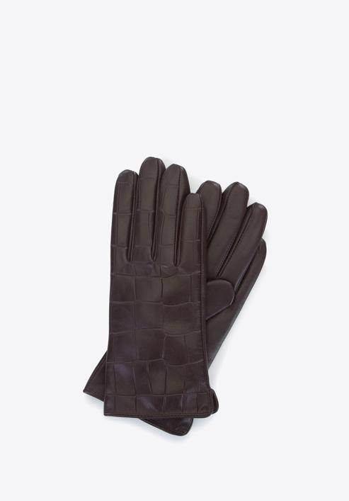 Damskie rękawiczki ze skóry croco, brązowy, 39-6-650-B-M, Zdjęcie 1