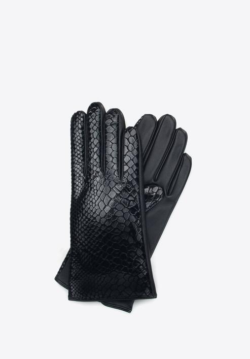 Damskie rękawiczki ze skóry o fakturze croco, czarny, 39-6A-010-1-L, Zdjęcie 1