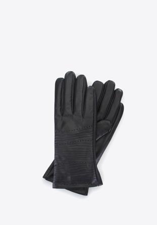 Damskie rękawiczki ze skóry w tłoczone paseczki, czarny, 39-6-652-1-M, Zdjęcie 1