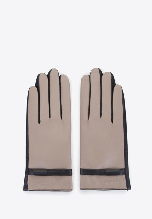 Damskie rękawiczki ze skóry z paskiem, beżowo-czarny, 39-6-644-A-M, Zdjęcie 3