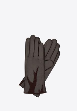 Damskie rękawiczki ze skóry z zamszową wstawką, brązowy, 44-6-525-BB-M, Zdjęcie 1