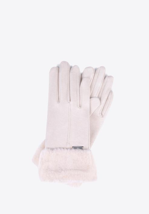 Women's gloves with faux fur cuffs, cream, 39-6P-010-PP-M/L, Photo 1