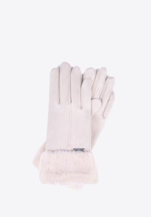 Damskie rękawiczki ze sztucznym futerkiem, kremowy, 39-6P-010-0-M/L, Zdjęcie 1