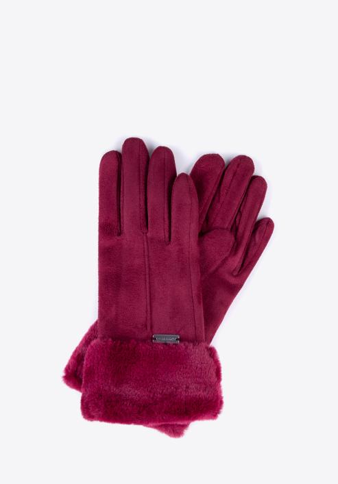 Women's gloves with faux fur cuffs, burgundy, 39-6P-010-B-M/L, Photo 1