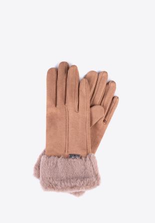 Damskie rękawiczki ze sztucznym futerkiem, brązowy, 39-6P-010-6A-M/L, Zdjęcie 1