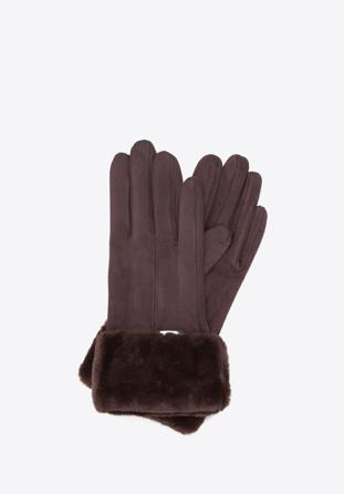 Damskie rękawiczki ze sztucznym futerkiem, ciemny brąz, 39-6P-010-B-M/L, Zdjęcie 1