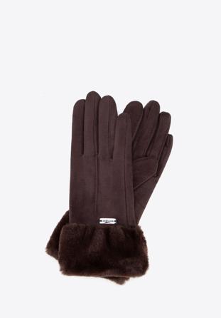Damskie rękawiczki ze sztucznym futerkiem, ciemny brąz, 39-6P-010-B-M/L, Zdjęcie 1