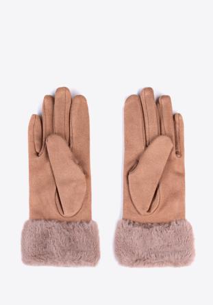 Damskie rękawiczki ze sztucznym futerkiem, brązowy, 39-6P-010-6A-M/L, Zdjęcie 1