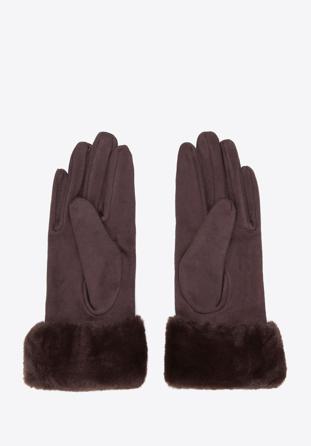 Damskie rękawiczki ze sztucznym futerkiem, ciemny brąz, 39-6P-010-B-S/M, Zdjęcie 1