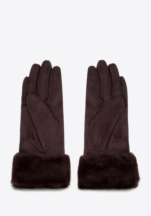 Damskie rękawiczki ze sztucznym futerkiem, ciemny brąz, 39-6P-010-PP-S/M, Zdjęcie 2