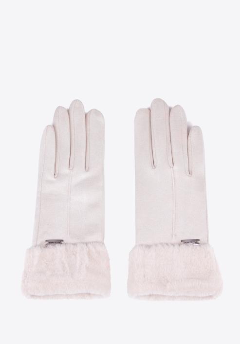 Damskie rękawiczki ze sztucznym futerkiem, kremowy, 39-6P-010-0-M/L, Zdjęcie 3