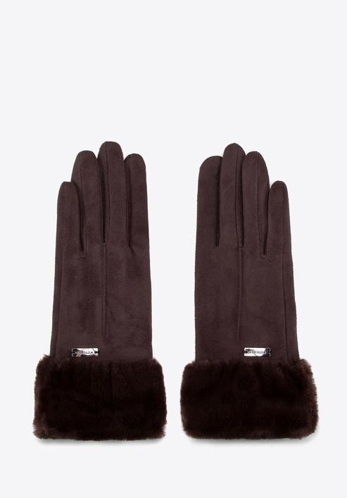 Damskie rękawiczki ze sztucznym futerkiem, ciemny brąz, 39-6P-010-PP-S/M, Zdjęcie 3