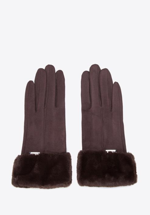 Damskie rękawiczki ze sztucznym futerkiem, ciemny brąz, 39-6P-010-B-M/L, Zdjęcie 3