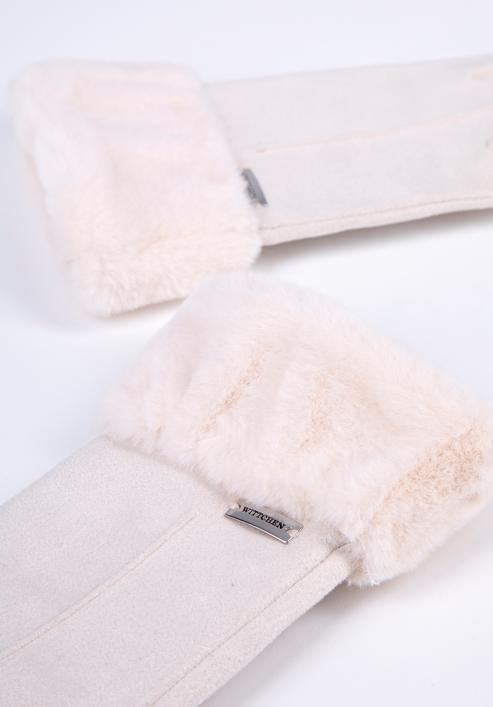 Women's gloves with faux fur cuffs, cream, 39-6P-010-PP-S/M, Photo 4