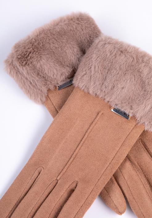 Women's gloves with faux fur cuffs, brown, 39-6P-010-P-S/M, Photo 4