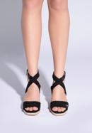 Damskie sandały na koturnie z plecionymi paskami, czarny, 96-DP-802-1-37, Zdjęcie 2