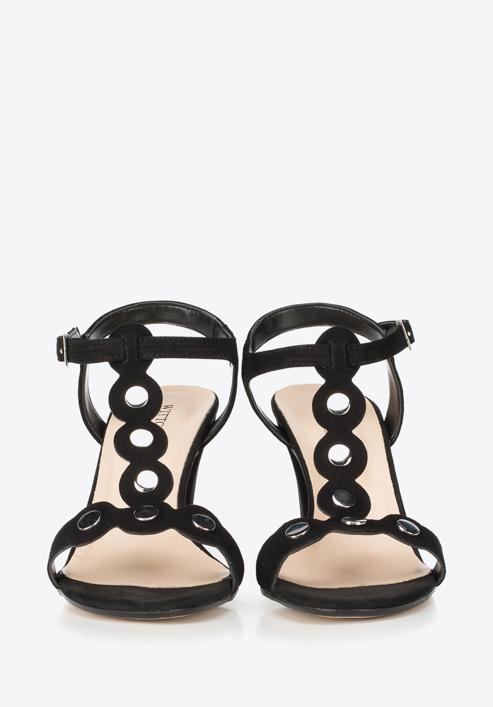 Damskie sandały na słupku zamszowe z lustrzanymi nitami, czarny, 90-D-403-1-37, Zdjęcie 4