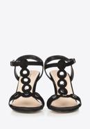 Damskie sandały na słupku zamszowe z lustrzanymi nitami, czarny, 90-D-403-1-38, Zdjęcie 4
