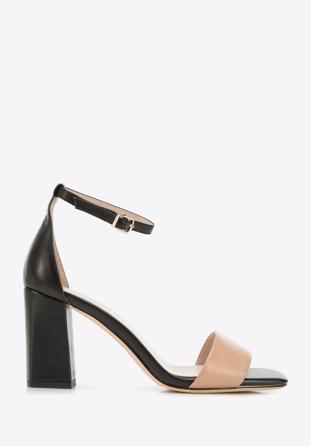 High block heel sandals, black-beige, 94-D-958-1-36, Photo 1
