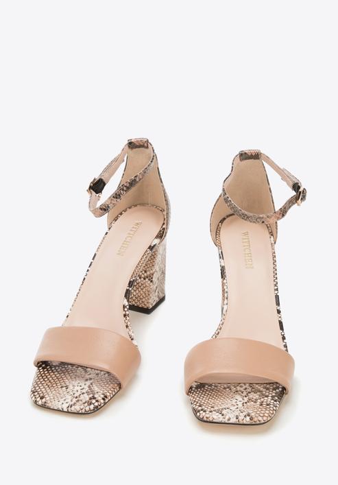Damskie sandały skórzane dwukolorowe na słupku, beżowo-brązowy, 94-D-958-1-40, Zdjęcie 2