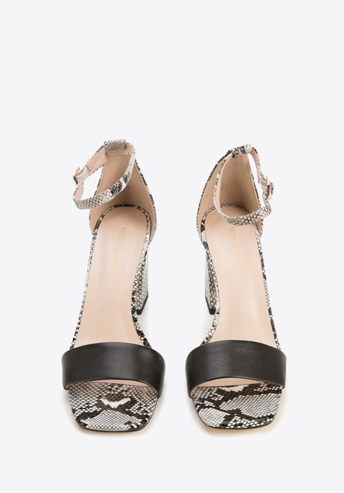 Damskie sandały skórzane dwukolorowe na słupku, biało-czarny, 94-D-958-0-40, Zdjęcie 3