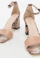 Damskie sandały skórzane dwukolorowe na słupku, beżowo-brązowy, 94-D-958-1-40, Zdjęcie 7