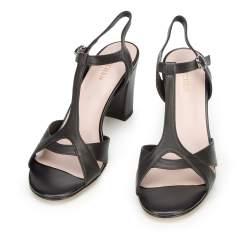 Damskie sandały ze skóry na słupku, czarny, 92-D-958-1-36, Zdjęcie 1