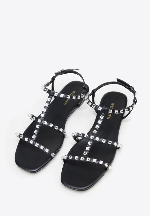 Damskie sandały skórzane z kryształkami, czarny, 98-D-972-0-35, Zdjęcie 2